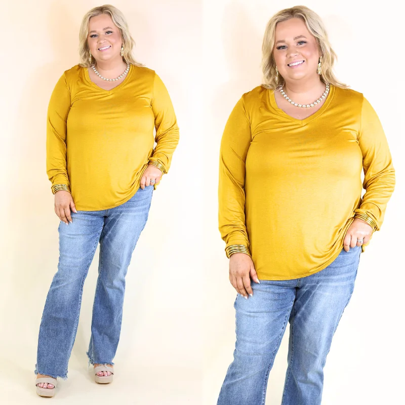 Comfortable Garments For Women It's That Simple Solid V Neck Long Sleeve Tee in Mustard Yellow