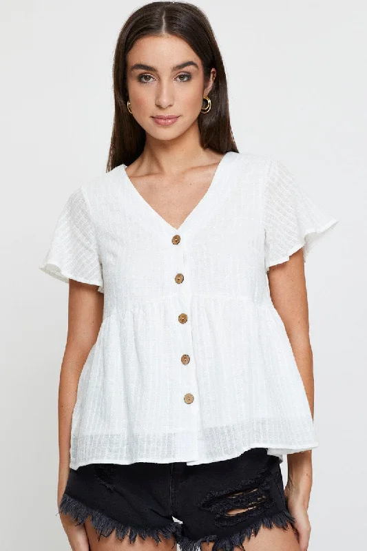 Women's Trendy Outfit White Peplum Top Short Sleeve V-Neck Button Front