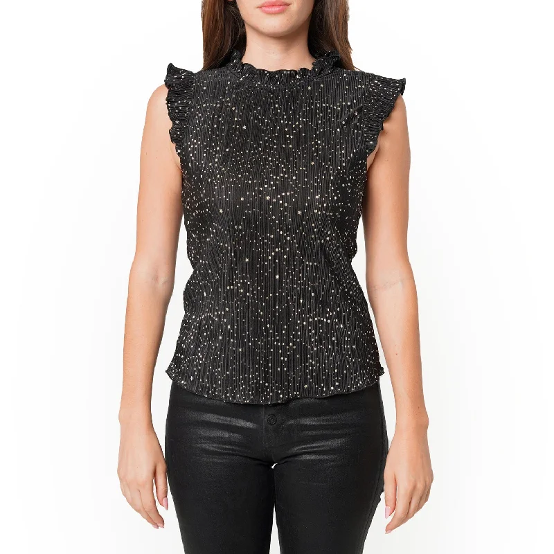 Women's Work Outfit For The Office Women's Sleeveless Mock Neck Lettuce Edge Top In Black Gold