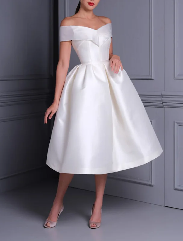 Women's Office Outfit Bridal Shower Little White Dresses Casual Wedding Dresses A-Line Off Shoulder Cap Sleeve Tea Length Satin Bridal Gowns With Solid Color