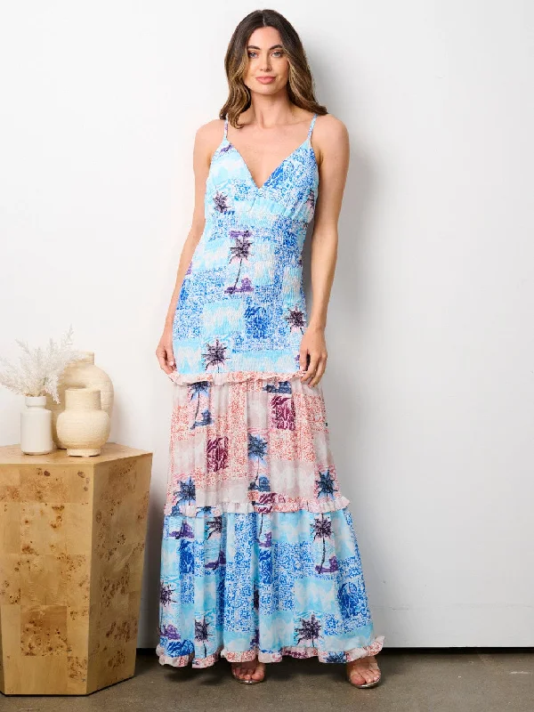 Vintage-Inspired Women's Apparel WOMEN'S SLEEVELESS V-NECK SMOCK FLORAL MAXI DRESS