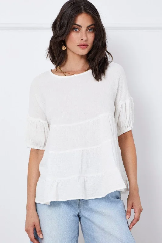 Women's Vacation Clothes White Relaxed Top Short Sleeve Square Neck