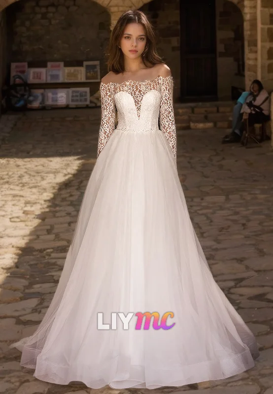 Women's Luxury Apparel Off-Shoulder Long Sleeves Lace Appliques Ball Gown Wedding Dress