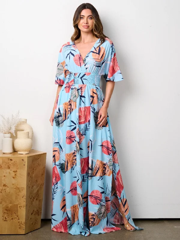 Women's High-Fashion Garments WOMEN'S SHORT SLEEVE SURPLICE SMOCK WAIST PRINTED MAXI DRESS