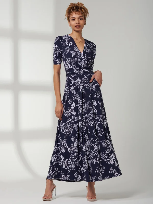 Affordable Trendy Clothes For Women Pleated Jersey Maxi Dress, Navy White Floral