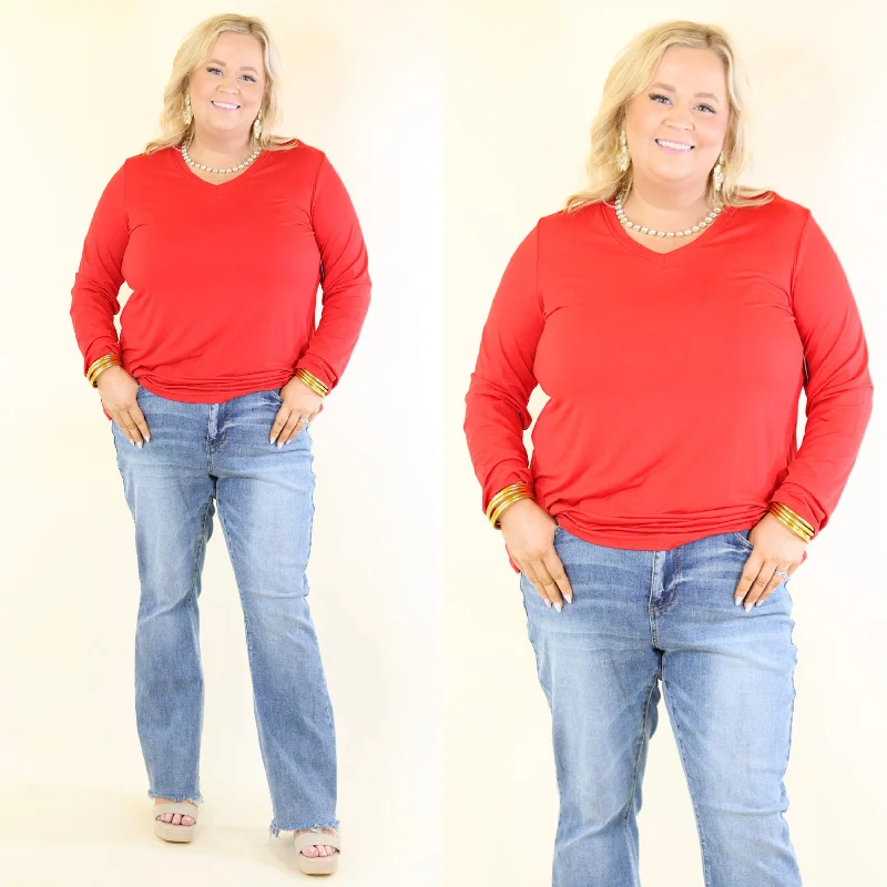 Women's Trendy Garments Plus Size | It's That Simple Solid V Neck Long Sleeve Tee in Red