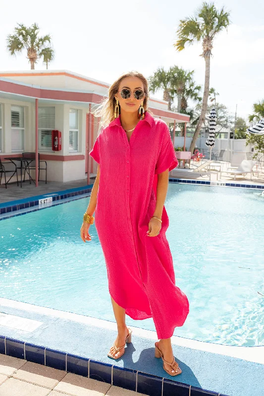 Women's Clothing With Trendy Designs Carmen Cover Up Caftan Maxi Dress - Hot Pink