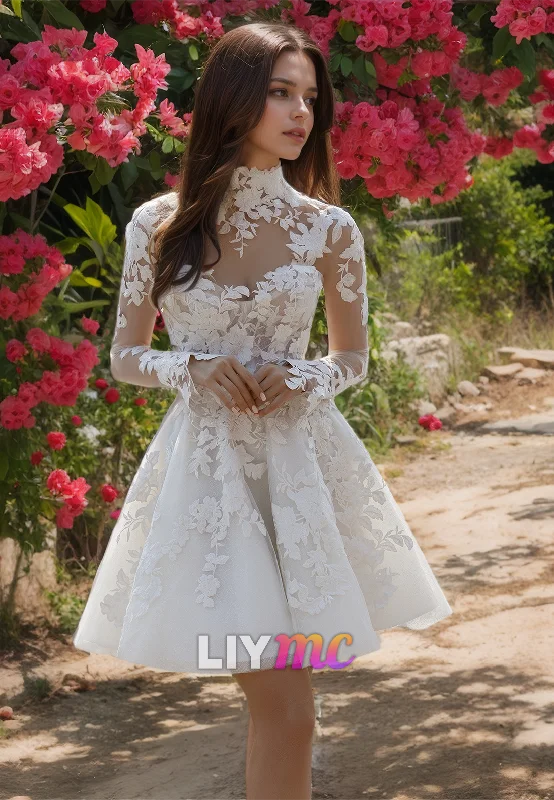 Timeless Women's Clothes High Neck Long Sleeves Lace Appliques Pleated Short A-Line Wedding Dress