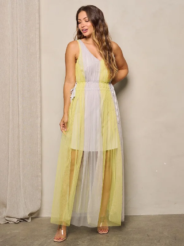 Charming Women's Holiday Apparel WOMEN'S SLEEVELESS V-NECK COLORBLOCK MESH MAXI DRESS