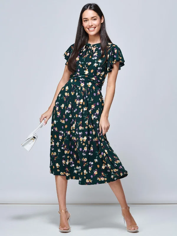 Women's Workout Clothing Jolie Moi Beverly Tie Neck Midi Dress, Green Floral