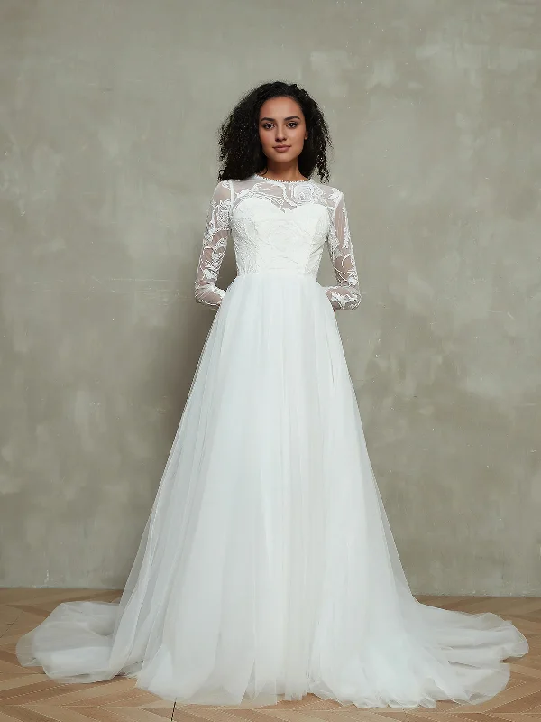 Women's Holiday Attire Wedding Dresses Bead string Illusion Neck Lace Top  Long Sleeves Tulle Skirt Formal Dresses