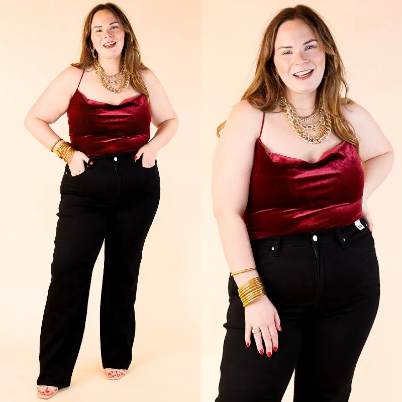 Formal Garments For Women Rock Show Velvet Cowl Neck Bodysuit with Spaghetti Straps in Maroon