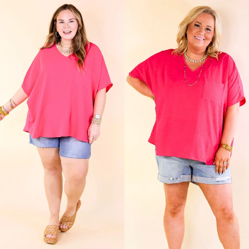 Stylish Women's Apparel Try To Resist Short Sleeve V Neck Top with Front Pocket in Hot Pink