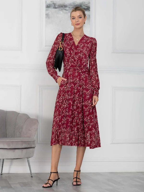 Casual Apparel For Women Vanessa Floral Print Wrap Front Midi Dress, Burgundy/Multi