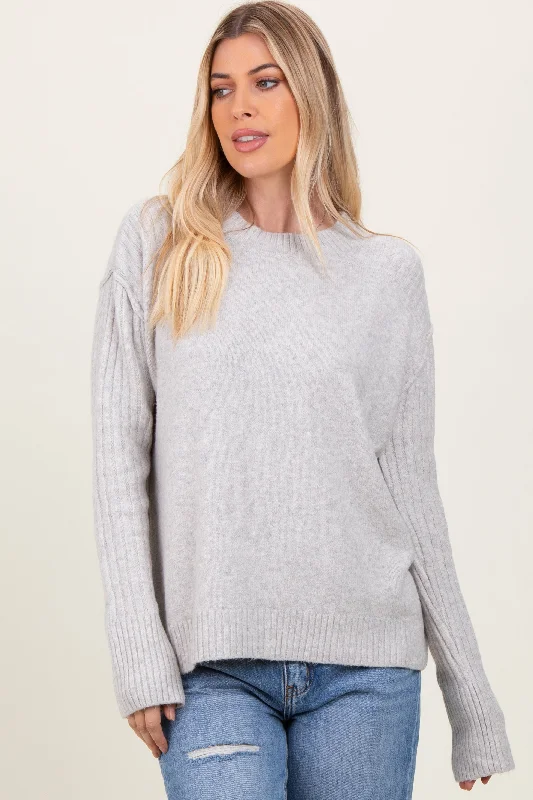 Stylish Women's Clothing Heather Grey Long Sleeve Raised Seam Sweater