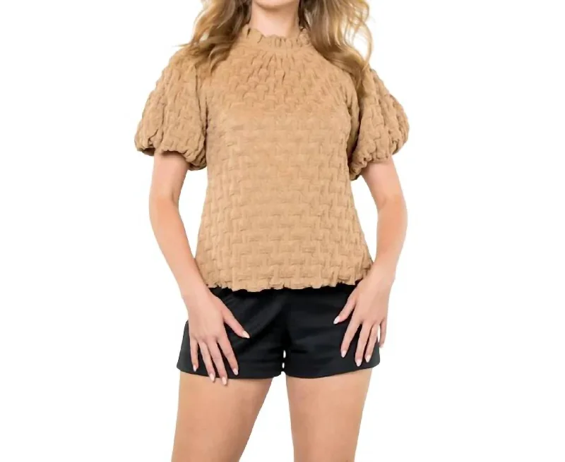 Formal Clothing For Women Textured Puff Sleeve Tee Top In Beige