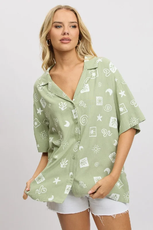 Women's Athletic Apparel Green Abstract Relaxed Shirt Short Sleeve