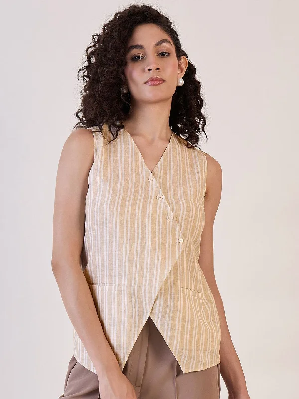 Elegant Women's Attire Beige Stripe Sleeveless Vest Top