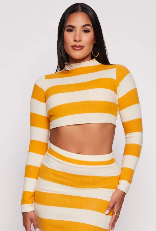 Women's Activewear Outfit Brush Knit Striped Crop Top