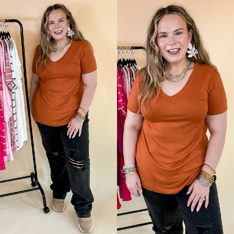 Women's Comfortable Garments It's That Simple Solid V Neck Tee in Rust Orange