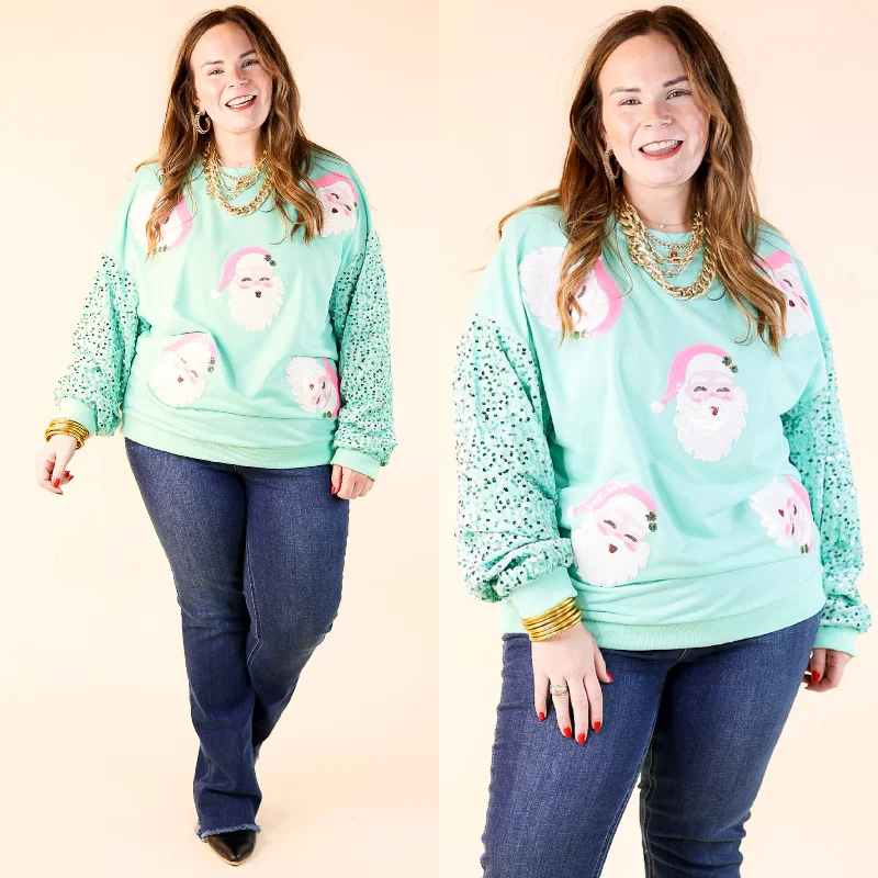 Women's Clothes For Work Sequin Santa Crewneck Sweatshirt with Velvet Sleeves in Mint Green