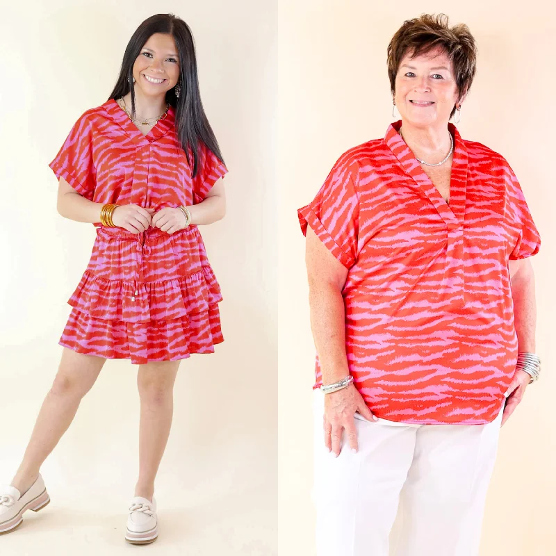 Women's Sporty Clothes Vibrant Vibes Zebra Print V Neck Top with Short Sleeves in Red and Pink