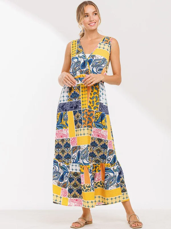 Women's Casual Attire WOMEN'S SLEEVELESS COLORBLOCK MULTI PRINT MAXI DRESS