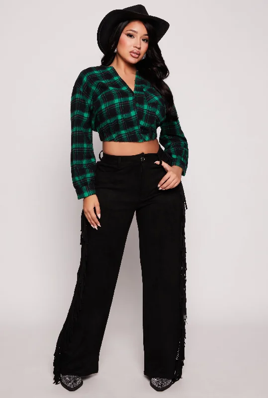 Women's Clothing For Holiday Travel Spoon Jeans Plaid Faux Wrap Crop Top