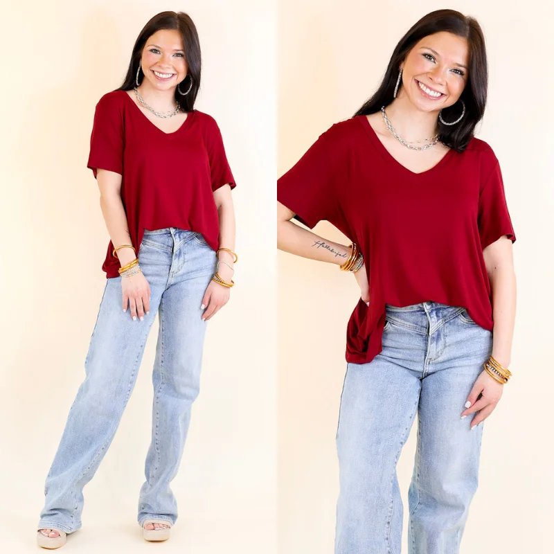 Casual Garments For Women Last Chance Size Small & 3XL | It's That Simple Solid V Neck Tee in Maroon