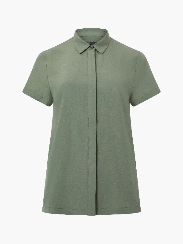 Casual Garments For Women Pleat Back Button Through Short Sleeve Shirt