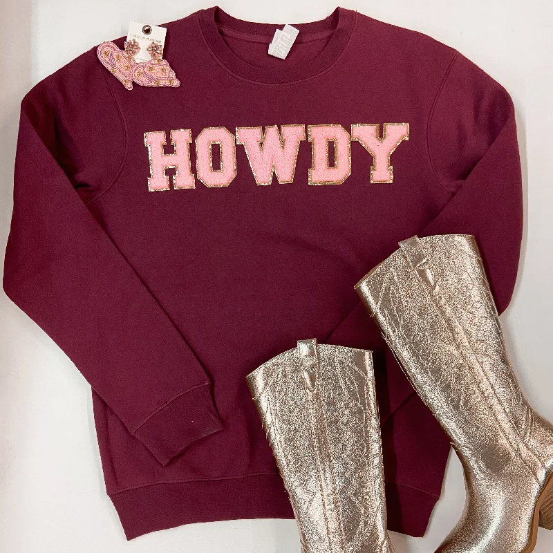 Vintage Clothing For Women Howdy Chenille Letter Graphic Sweatshirt with Long Sleeves in Maroon