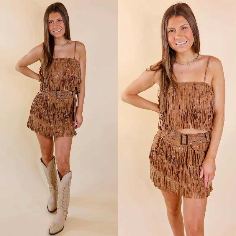 Formal Outfit For Women Cowboy Killer Crystal Fringe Crop Top in Camel Brown