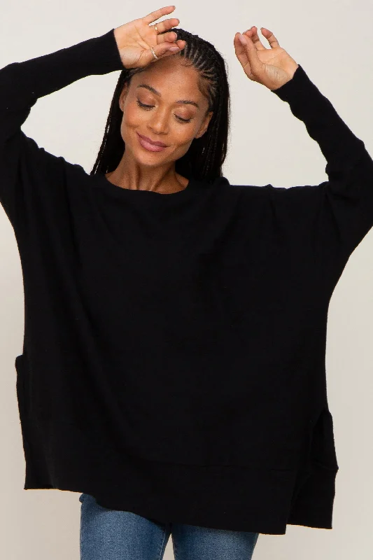 High-Fashion Women's Clothing Black Dolman Sleeve Side Slit Sweater