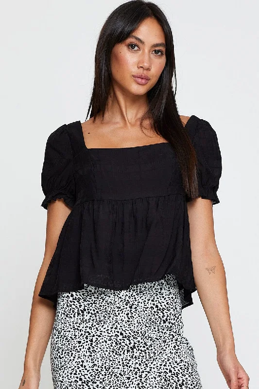 Women's Casual Wear Clothing Black Peplum Top Short Sleeve