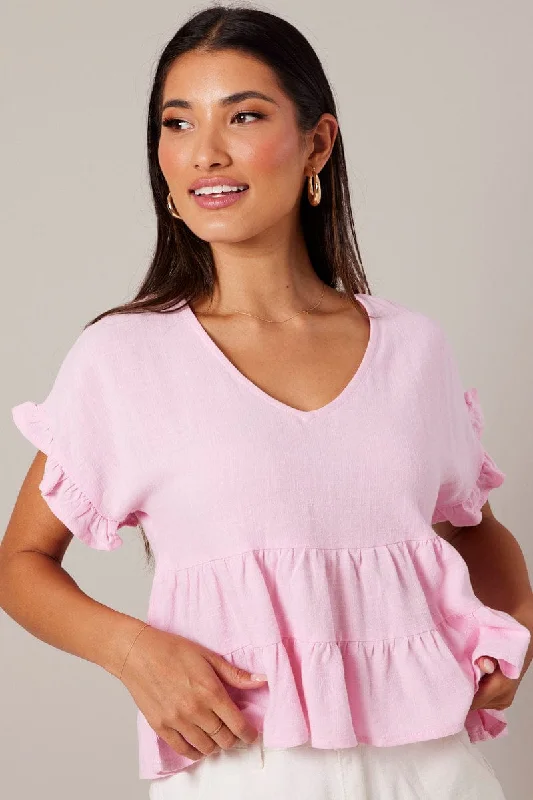 Women's Clothing For Holiday Travel Pink Tiered Top Short Sleeve