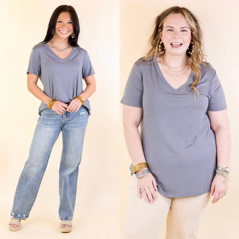 Women's Vacation Garments It's That Simple Solid V Neck Tee in Slate Grey