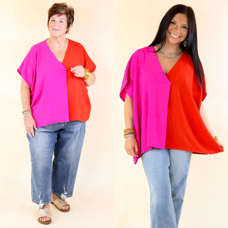 Women's Stylish Casual Garments Weekend Out V Neck Placket Color Block Short Sleeve Top in Red and Pink