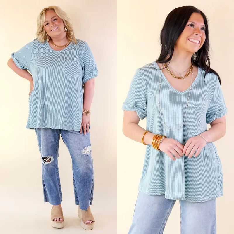 Women's Elegant Clothes Only True Love Ribbed Short Sleeve Top with Front Pocket in Dusty Turquoise