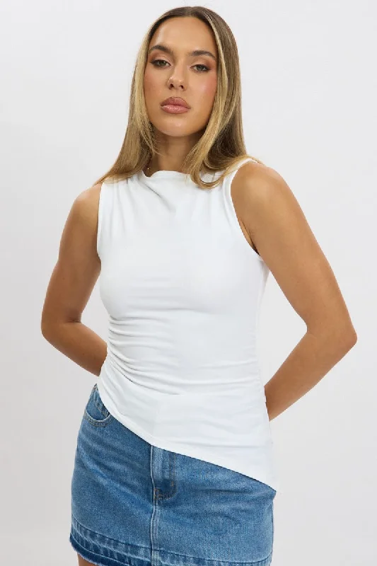 Stylish Women's Outerwear Apparel White Sleeveless Top Asymmetric Hem