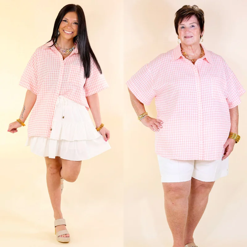 Women's Formal Apparel What A Rush Button Up Gingham Short Sleeve Top in Light Pink