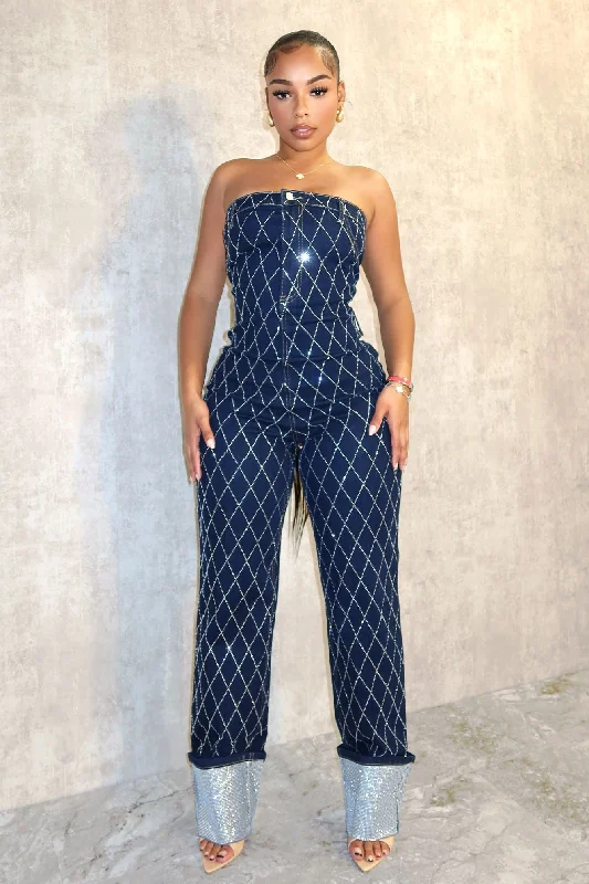 Women's Clothing Outfit Set Cross Me Out Rhinestone Denim Jumpsuit