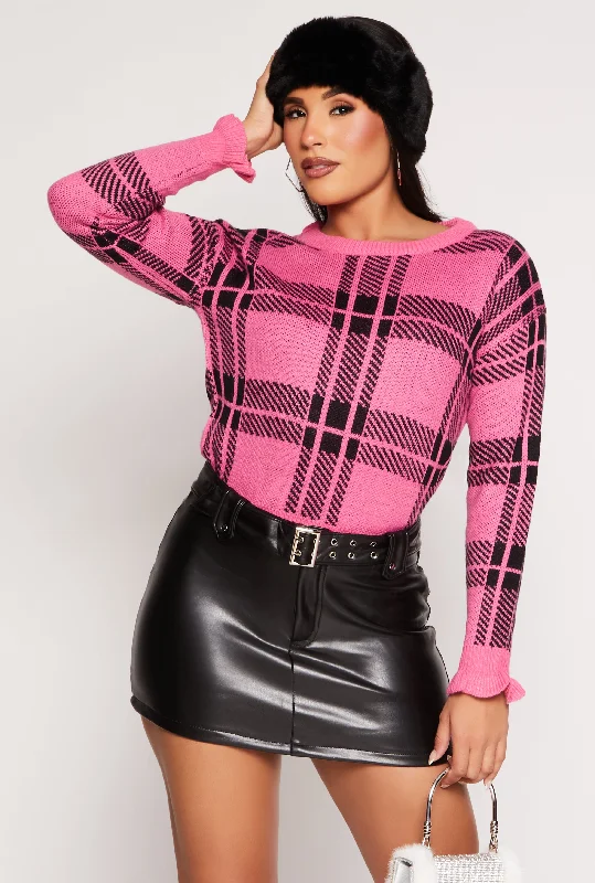 Women's Sporty Chic Clothes Plaid Ruffle Sleeve Sweater