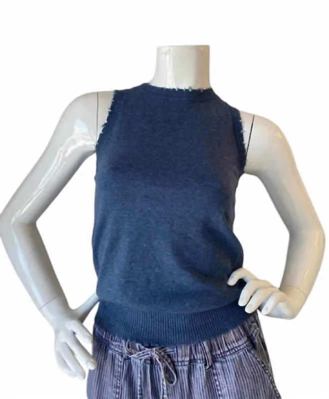 Affordable Women's Clothing Cotton Cashmere Frayed Tank Top In Blue