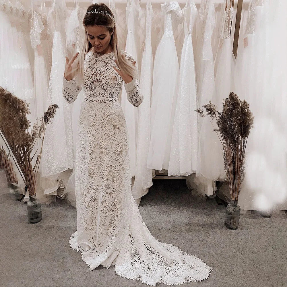 Women's Comfortable Apparel Elegant Mermaid Lace Long Sleeve Boho Scoop Neck Open Back Pearls Modern Wedding Dresses