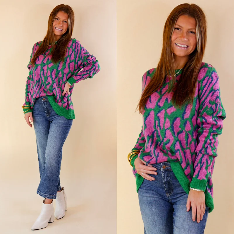 Women's Clothing For Outdoor Activities No Hesitation Animal Print Long Sleeve Sweater in Green and Purple