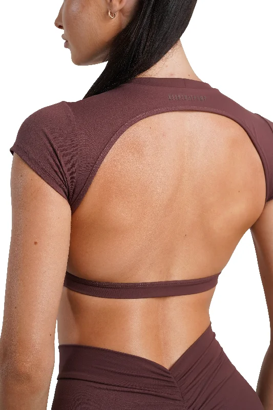 Women's Clothing For Work OPEN BACK CROP TEE - BROWN