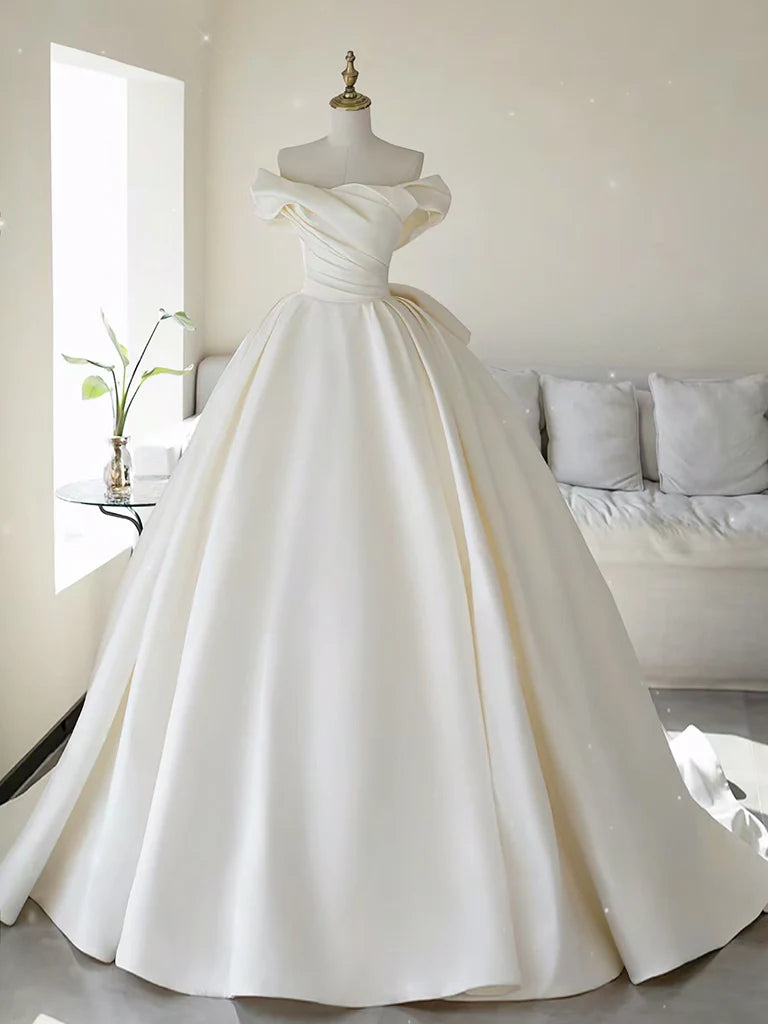 Women's Activewear Garments Simple Atmosphere Off Shoulder Wrinkle Satin Long Wedding Dress