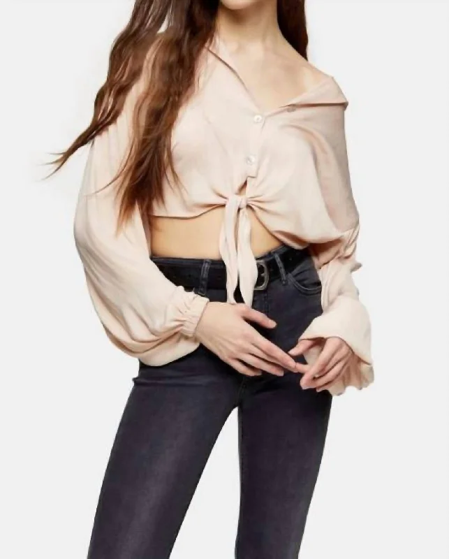 Women's Relaxed Clothes Blush V Neck Front Tie Crop Top In Beige