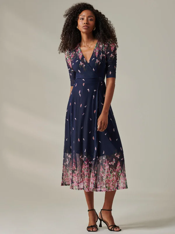 Women's Vintage-Inspired Clothing Stella Floral Print Wrap Mesh Maxi Dress, Navy Pink Multi