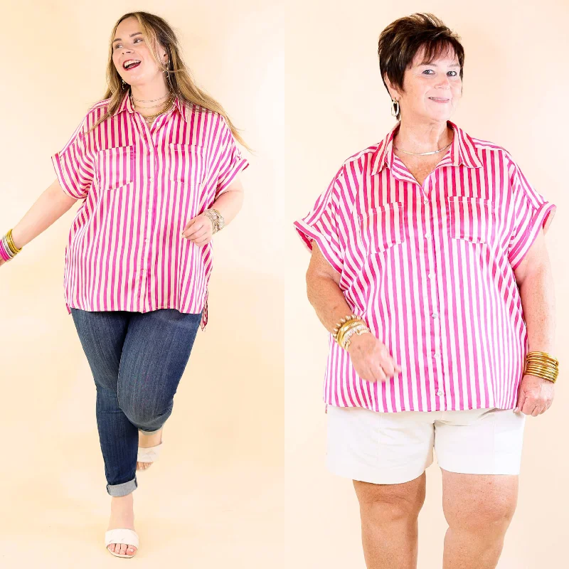 Women's Apparel Free To Be Fab Button Up Short Sleeve Striped Top in Pink